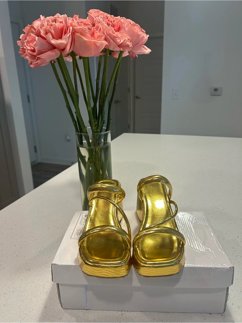 Metallic Gold Strappy Platform Sandals - Women's
